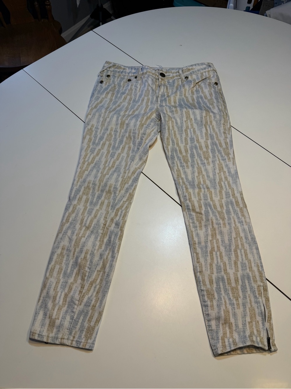 Free People Crop Skinny Denim Pants Zig Zag Zipper Beige Blue Brown Size 28